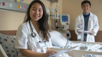 Obraz premium A young Asian lady at hospital bed, doctor stands 