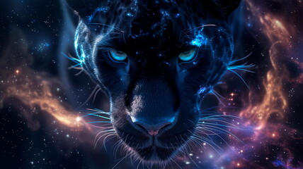 panther with eyes that reflect the cosmos, set against a moonlit backdrop with swirling galaxies. - obrazy, fototapety, plakaty
