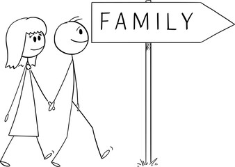 Man and Woman Walking Happily Together to Start a Family, Vector Cartoon Stick Figure Illustration - 742659695