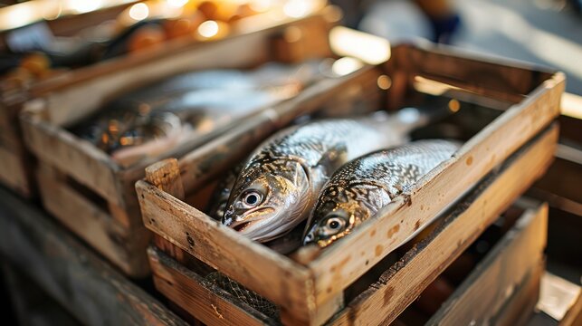 Fish and processing concept,Fresh fishes in wooden boxes at market