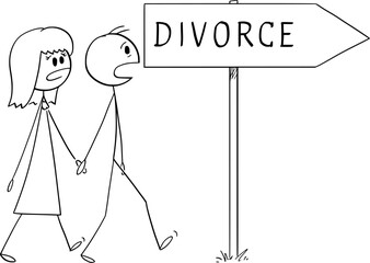 Man and Woman Walking Together and Divorce, Vector Cartoon Stick Figure Illustration - 742660420