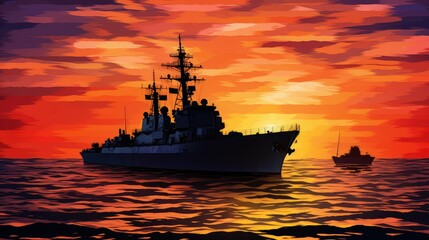 maritime navy ship silhouette - obrazy, fototapety, plakaty