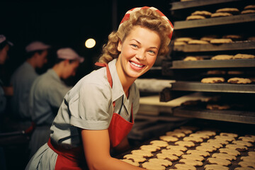 A woman from the 60s working in a factory. Old color film photo