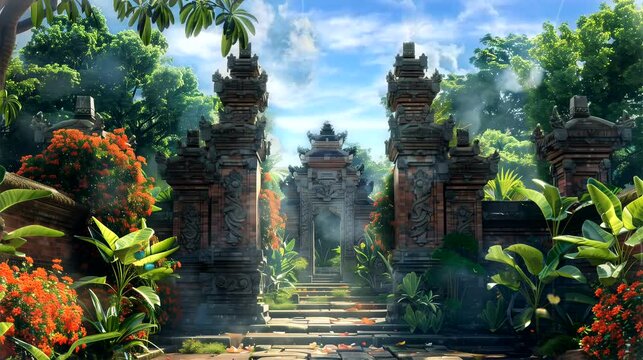 A ancient Balinese compound with intricately carved gates and lush tropical foliage. Fantasy landscape anime or cartoon style, seamless looping 4k time-lapse virtual video animation background