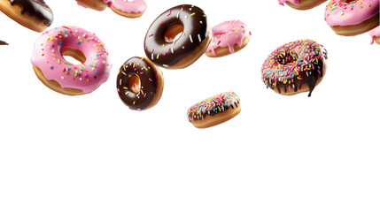 Decorated donuts falling down isolated on white or transparent background