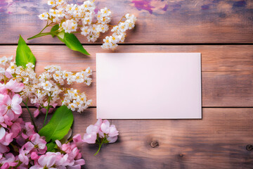 Blank greeting card mockup on wooden background with flowers.