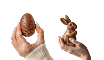 Bunch of Woman’s Hand Clinging to Chocolate Easter Egg and Chocolate Easter Bunny for a Jolly Easter, Isolated on Transparent Background, PNG
