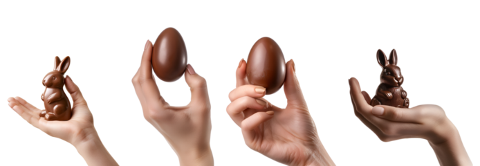Assortment of Woman’s Hand Clutching Chocolate Easter Egg and Chocolate Easter Bunny for a Blissful Easter, Isolated on Transparent Background, PNG