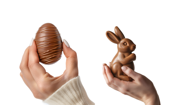Bunch of Woman’s Hand Clinging to Chocolate Easter Egg and Chocolate Easter Bunny for a Jolly Easter, Isolated on Transparent Background, PNG