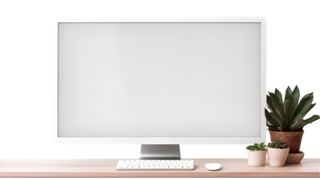 desktop computer screen mockup in office on table, png file of isolated object on transparent background