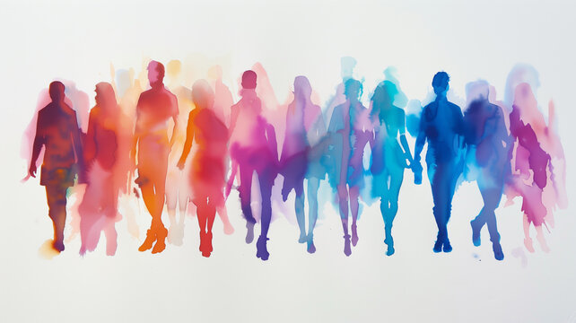 watercolor image featuring a crowd of people silhouetted in a rainbow of colors against a white backdrop.