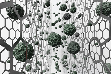 Silver perforated panels with hexagonal holes having gnarly green particles in between. Illustration of the concept of air purification, bacteria filtration and dirt trapped in fabric