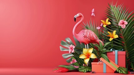 Charming flamingos next to colorful gift boxes against a bright red background. Suitable for online shopping It has plenty of space for text.
