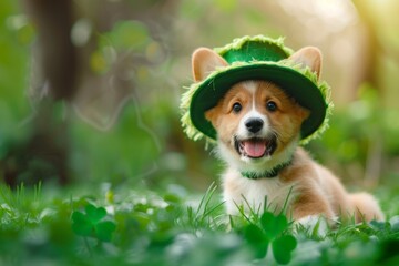 Puppy In Festive Irish Attire Enjoys St Patricks Day Celebration Outdoors - obrazy, fototapety, plakaty