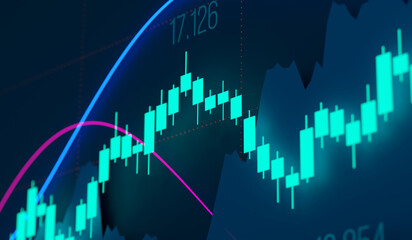 Blue illuminated candle stick chart, bar graph, numbers and lines. Stock market and exchange concept with financial figures. Business, growth, market data, analyzing, trading. 3D illustration