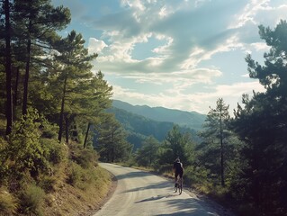 Fototapeta na wymiar Un ciclista en una bicicleta de montaña en la subida por un camino en medio de un bosque soleado