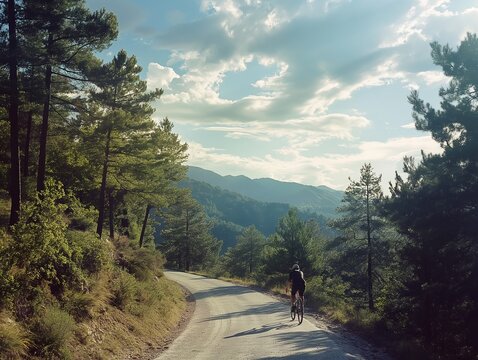 Un ciclista en una bicicleta de montaña en la subida por un camino en medio de un bosque soleado