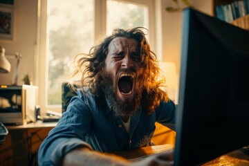 Man Yelling at Computer Screen in a Home Setting: Frustration and Technology Woes Come to Life