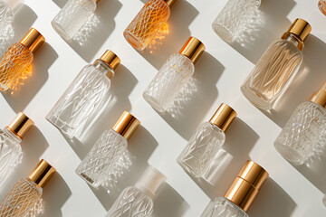 Transparent skincare bottles arranged against a clean white background, embodying purity and the promise of radiant skin. - obrazy, fototapety, plakaty