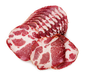 Sliced meat close-up on a white. Top view