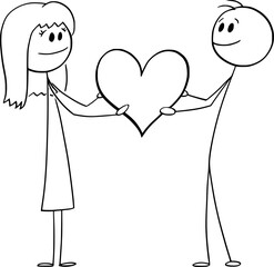 Man and Woman Holding Heart, Vector Cartoon Stick Figure Illustration