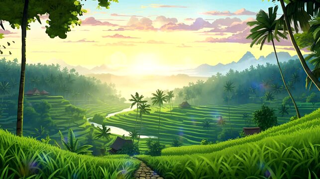 A serene Balinese rice terrace aglow in the golden light of dawn. Fantasy landscape anime or cartoon style, seamless looping 4k time-lapse virtual video animation background