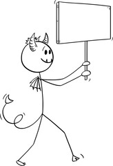 Devil Walking With Sign, Vector Cartoon Stick Figure Illustration - 742666204