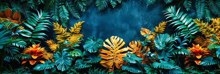 Lush Tropical Ferns in Sunlight: A Vibrant, Green Jungle Oasis with Exotic Plants and Colorful Foliage