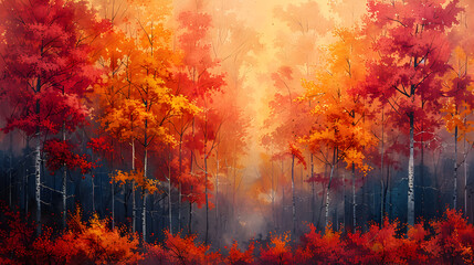 Obraz na płótnie Canvas red and yellow 3d image, Autumn forest in bright sunlight landscape background 