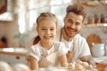 Obraz na płótnie Canvas Little happy girl doing bakery together with dad on a kitchen, father's day concept
