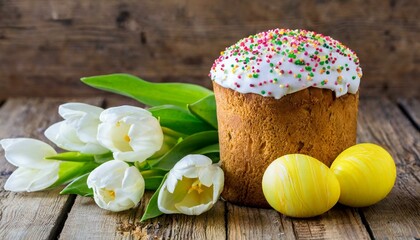 Obraz na płótnie Canvas Easter egg panettone bread cake background Happy easter spring holiday tulip