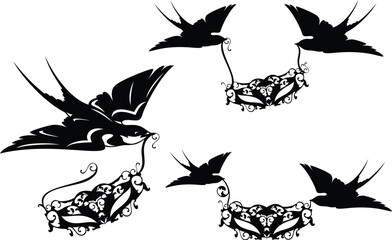 pair of swallow birds holding elegant carnival party mask - black and white luxurious accessories vector silhouette design set