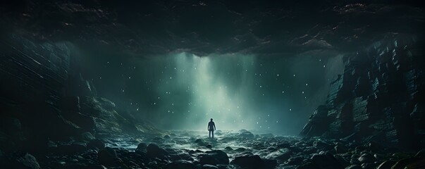 Man standing in eerie sea cave conjuring unsettling dark fantasy imagery. Concept Dark Fantasy, Eerie Atmosphere, Sea Cave, Unsettling Imagery, Man Conjure