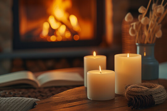 blank candles and diffusers on a wooden table, with a cozy fireplace and a book in the background