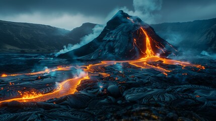 Dramatic night scene of an active volcano erupting, with glowing lava flow illustrating the raw...