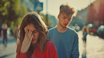 Breakup and depressed, young quarrel couple love hand cover face - obrazy, fototapety, plakaty