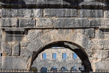 Monumental Roman amphitheatre Pula Arena, Pula, Croatia, Istria - obrazy, fototapety, plakaty