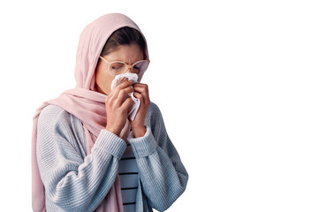 Muslim woman, sick and blowing her nose on a handkerchief on an isolated, transparent png...