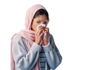 Muslim woman, sick and blowing her nose on a handkerchief on an isolated, transparent png background. Female person and napkin and illness, flu, cold or hay fever, allergic and influenza virus