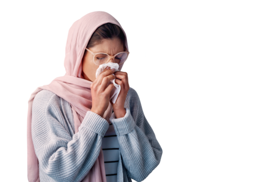 Muslim woman, sick and blowing her nose on a handkerchief on an isolated, transparent png background. Female person and napkin and illness, flu, cold or hay fever, allergic and influenza virus - Powered by Adobe