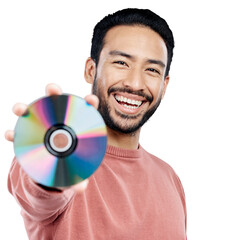 Happy, showing cd and portrait of a man isolated on transparent png. Smile, excited and asian...