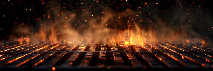 Empty Barbecue Grill Close-up With Bright Flames, The hot grill and flame with 