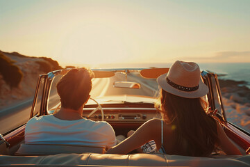 A man and woman on a scenic drive along the coast at sunset, capturing the essence of freedom and travel..