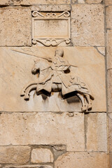 Detail of facade of Communal Palace located on the Forum Square, in the center of the city, Pula,...