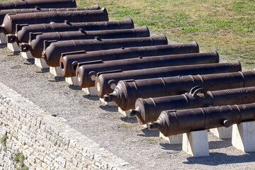 Historic cannons in front of 17th century Castle (Venetian Fortress), Pula, Croatia, Istria