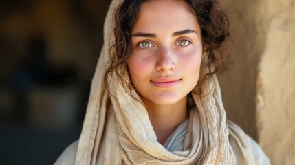 Young woman in arab shawl. A woman is looking at the camera. The veiled woman. Biblical character.