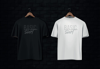 Men's black and white short sleeve t-shirt mockup in black wall surface with dark bricks. Front view. Vector template.