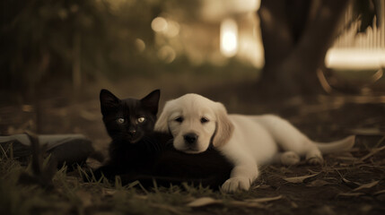 Cat and dog are sleeping together. Friendship cat and indoors dog. Cute kitten and puppy playing together.