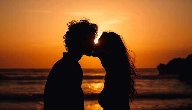 Silhouette of two lovers kissing passionately under the golden sunset sky, passionate kiss pic