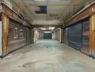 Obraz premium An abandoned roll shutter gate in the quiet corridors of a once-busy department store symbolizes stark change and decay